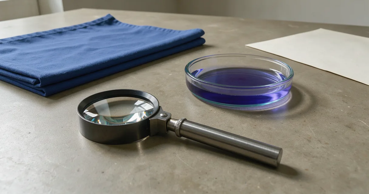 Inspection loupe beside blue-violet liquid in a shallow glass dish on a putty table
