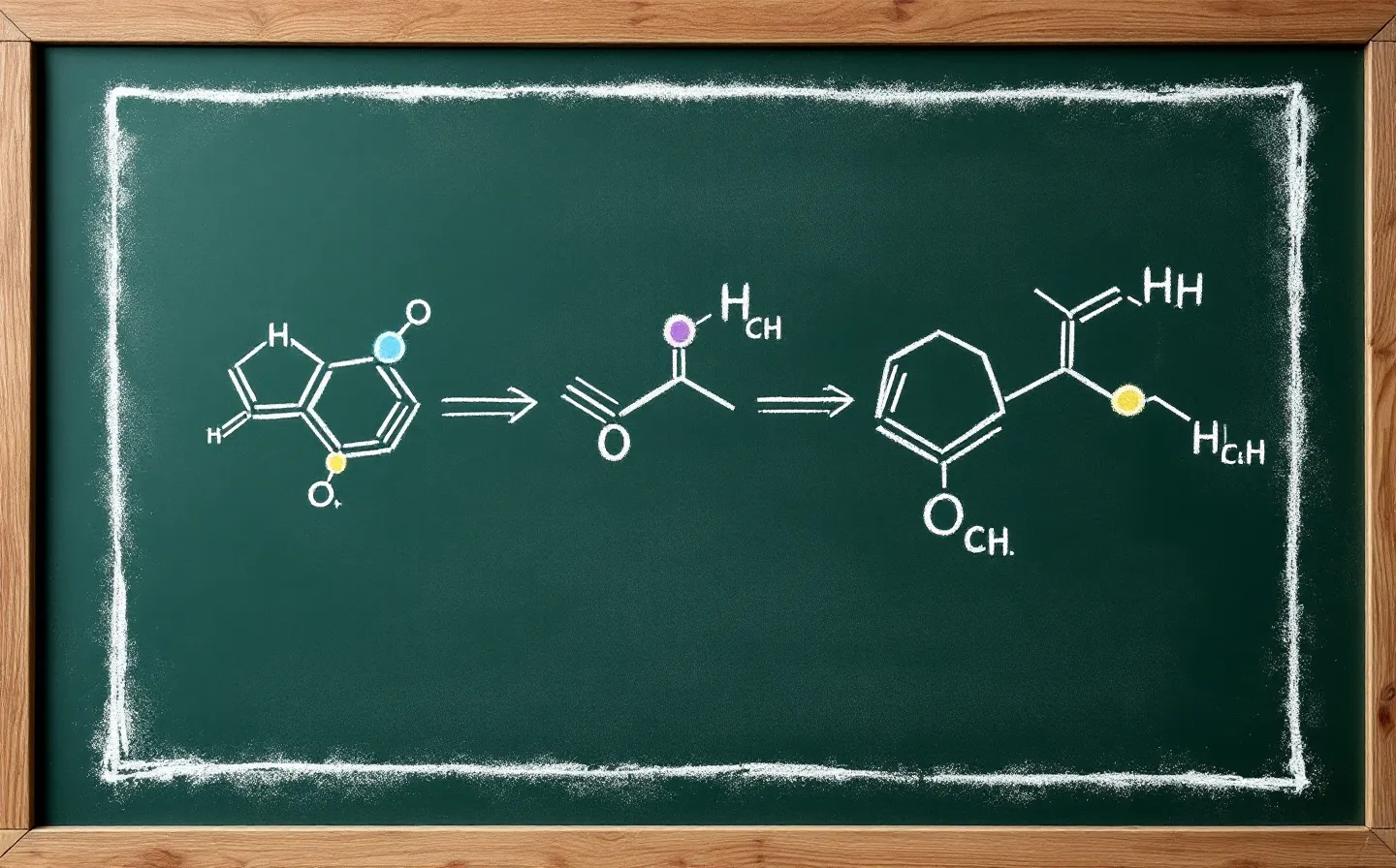 Hand-drawn chalkboard diagram of a three-peptide blend — a copper-coordination tripeptide with a blue-marked copper center, a folded pentadecapeptide ribbon and a short heptapeptide fragment — on a deep slate-green teaching board
